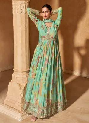 Sea Green Floral Print Embroidered Anarkali Gown