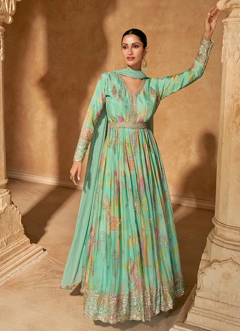 Sea Green Floral Print Embroidered Anarkali Gown