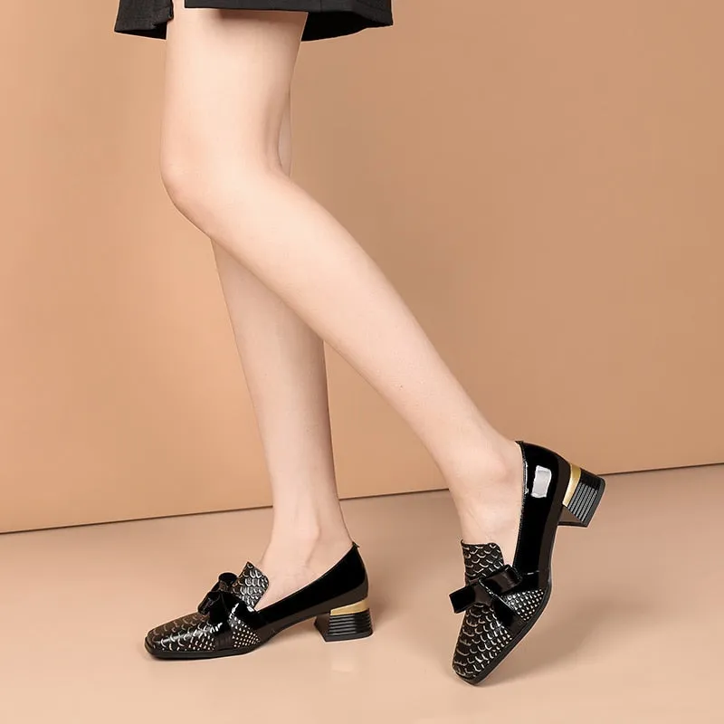 SerpentLux Square Toe Bow Tie Heels