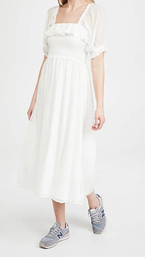 Smocked Midi Stylish Dress in Ivory