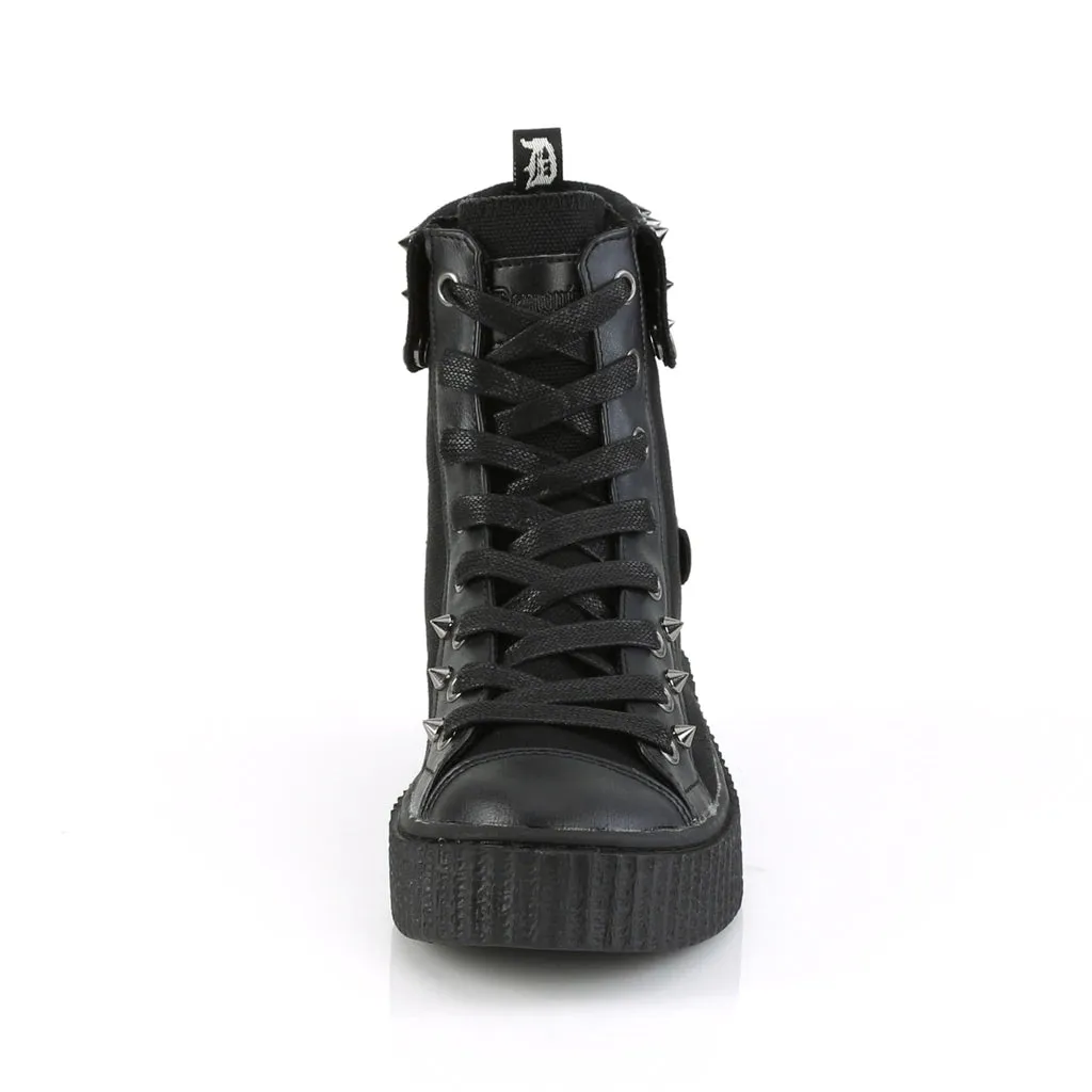 Sneeker-266 Black Canvas Hi-Top Sneaker Platform Creeper Shoe w/ Cuffed Snap Collar and Buckle Heel Strap