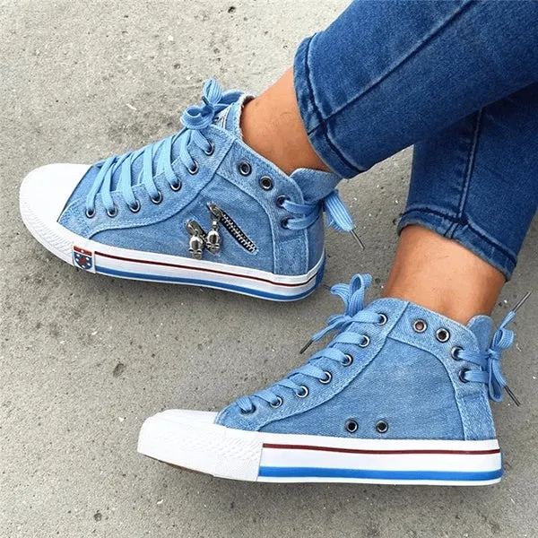 Sohiwoo  sneaker Denim High-Top Back Lace-Up Design Canvas Sneakers