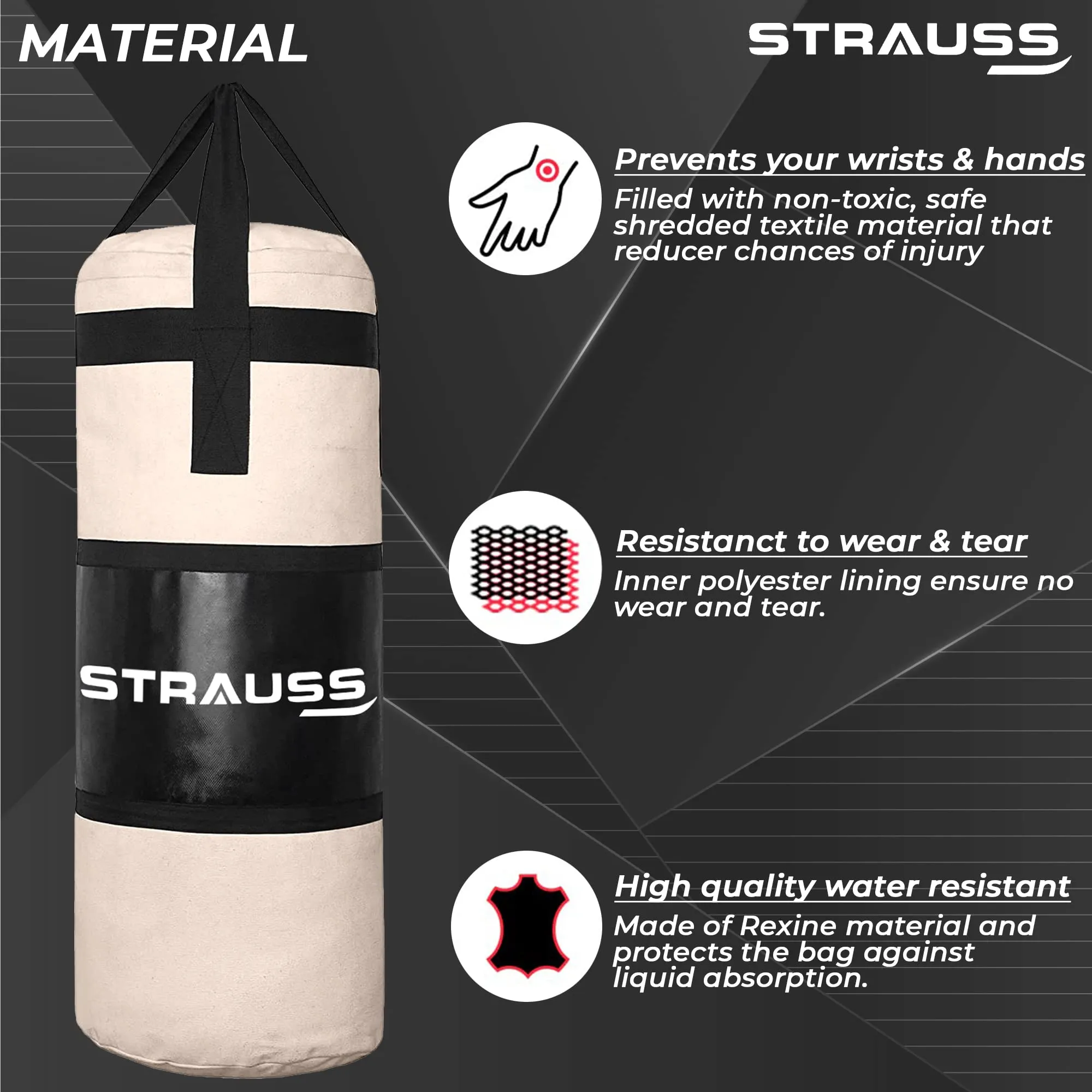 Strauss Canvas Heavy Duty Filled Gym Punching Bag | Comes with Hanging S Hook, Zippered Top Head Closure & Heavy Straps | 2 Feet, (Cream/Black)