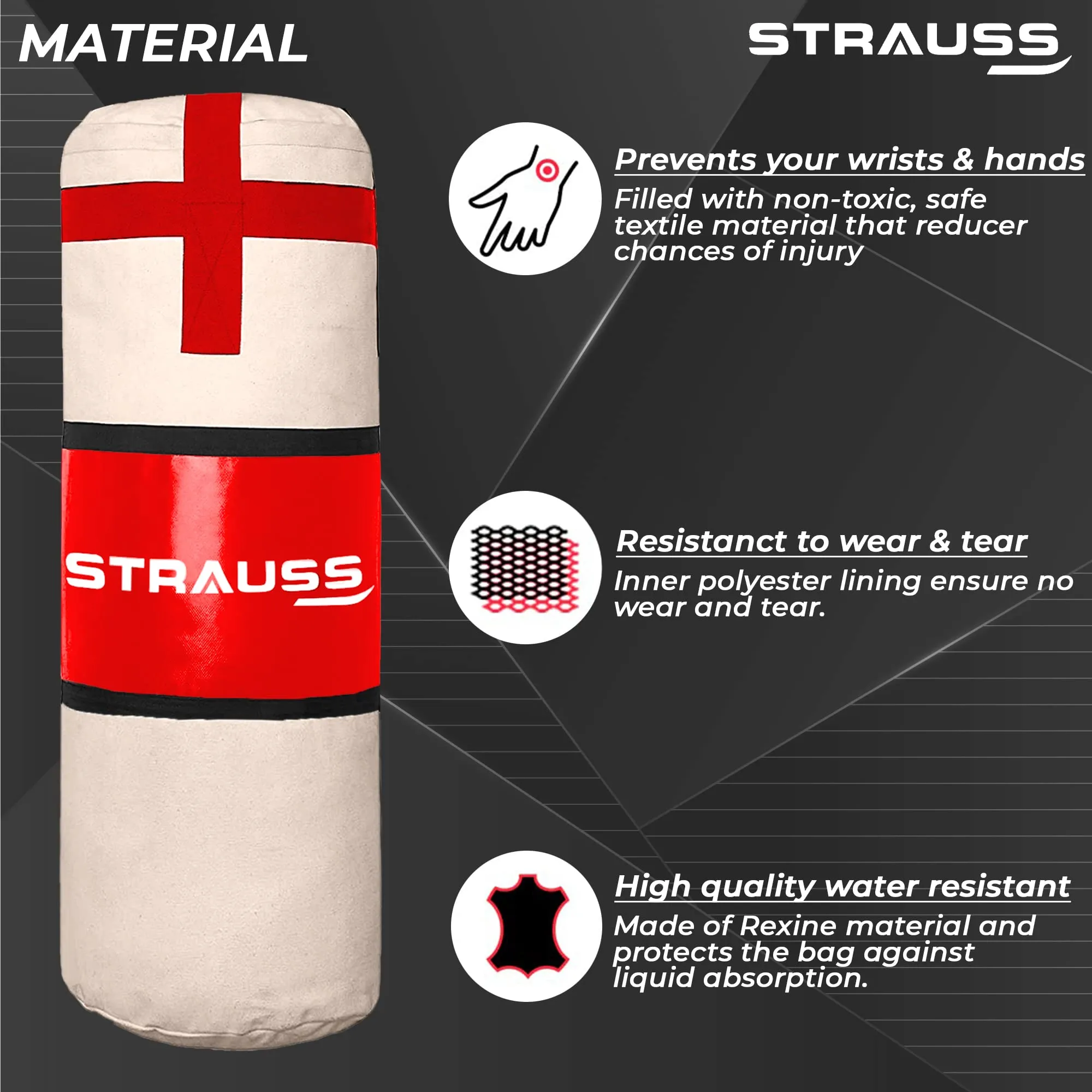 Strauss Canvas Heavy Duty Filled Gym Punching Bag | Comes with Hanging S Hook, Zippered Top Head Closure & Heavy Straps | 2 Feet, (Cream/Red)