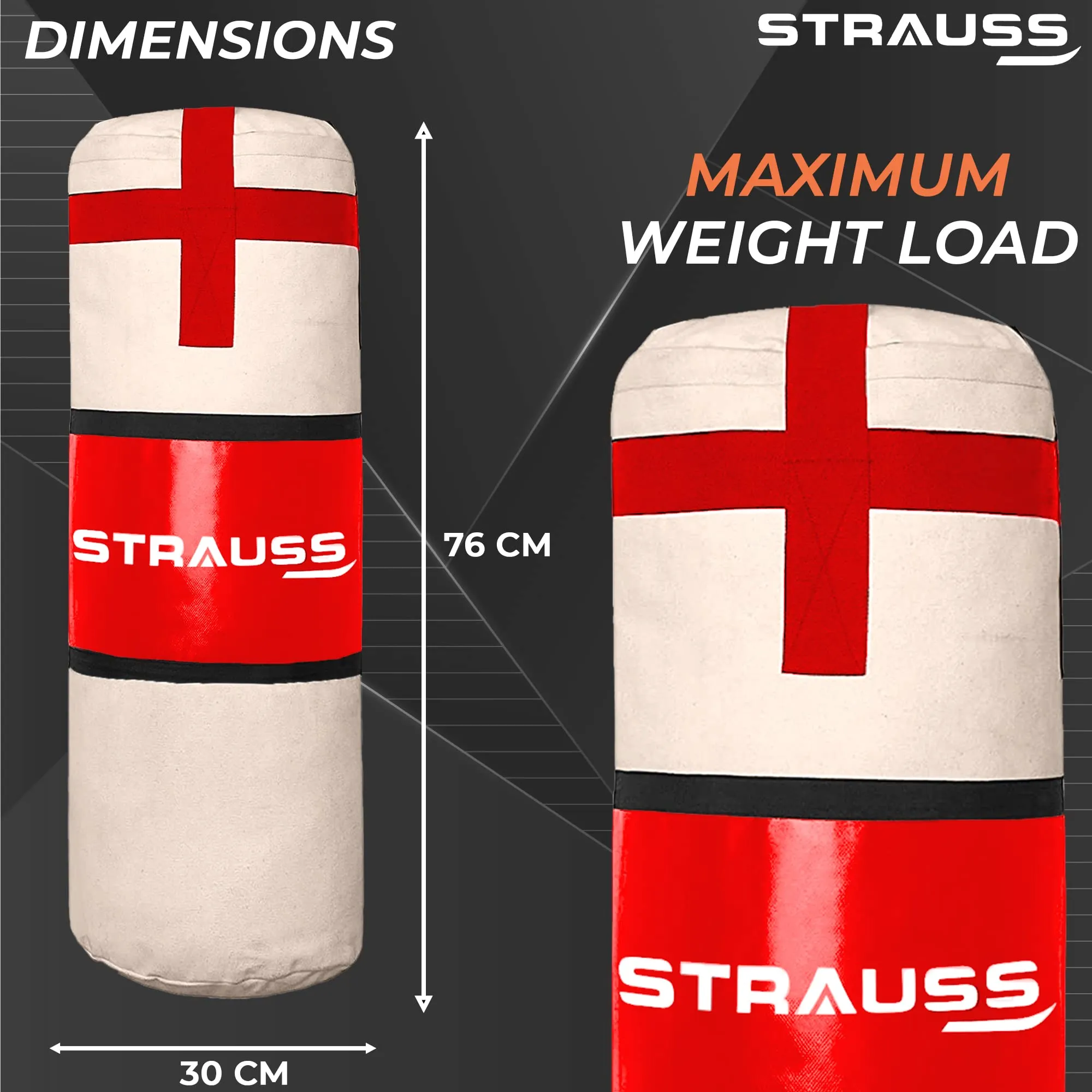 Strauss Canvas Heavy Duty Filled Gym Punching Bag | Comes with Hanging S Hook, Zippered Top Head Closure & Heavy Straps | 2.5 Feet, (Cream/Black)