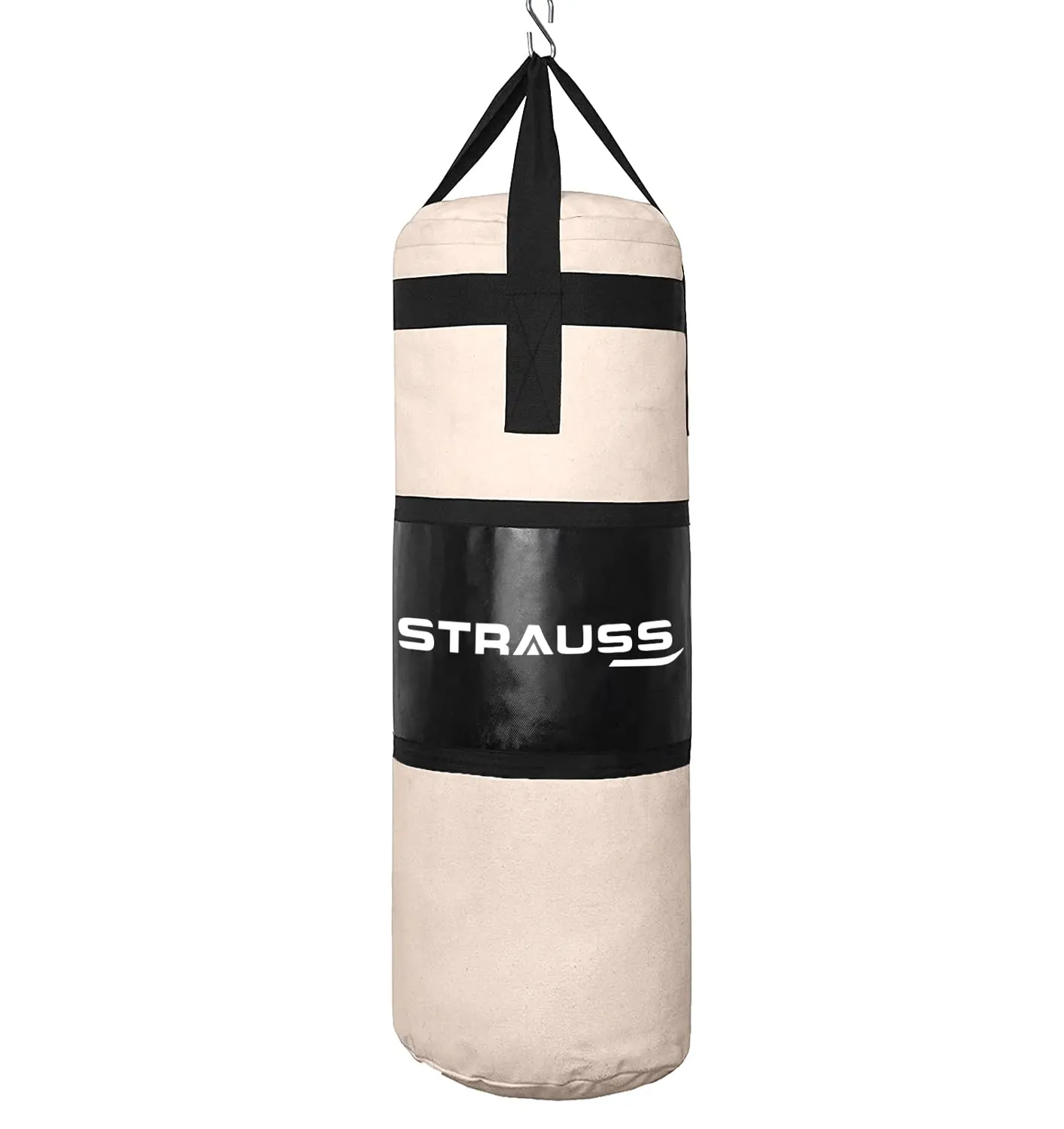 Strauss Canvas Heavy Duty Filled Gym Punching Bag | Comes with Hanging S Hook, Zippered Top Head Closure & Heavy Straps | 3 Feet, (Cream/Red)