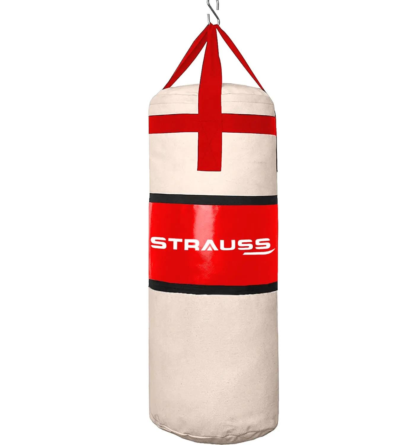 Strauss Canvas Heavy Duty Filled Gym Punching Bag | Comes with Hanging S Hook, Zippered Top Head Closure & Heavy Straps | 4 Feet, (Cream/Red)