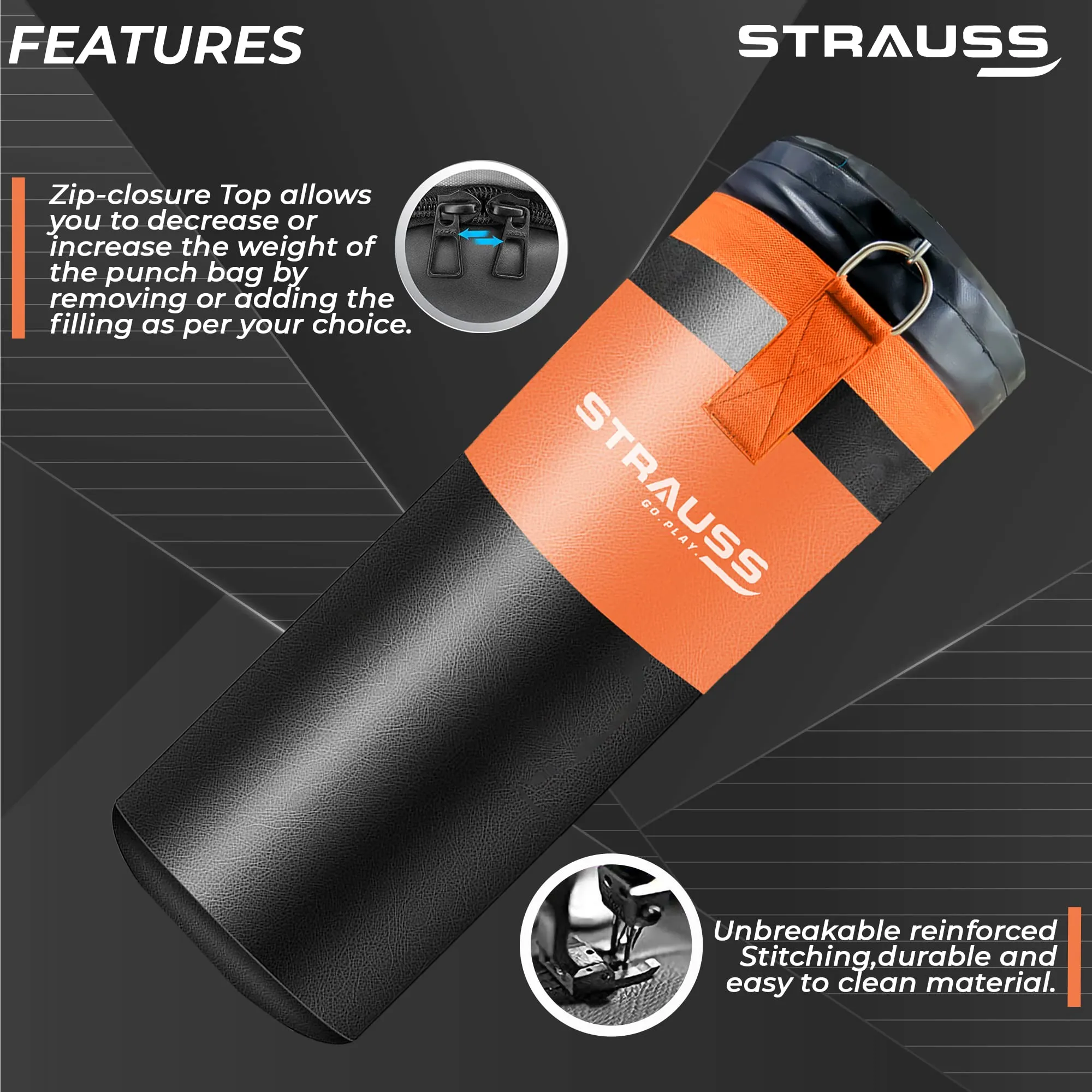 Strauss Canvas Heavy Duty Filled Gym Punching Bag|Hanging S Hook, Zippered Top Head Closure,Heavy Straps |Ideal for Boxing, MMA |Boxing Bag for Home Gym & Fitness Training|2 Feet,(Black/Orange)