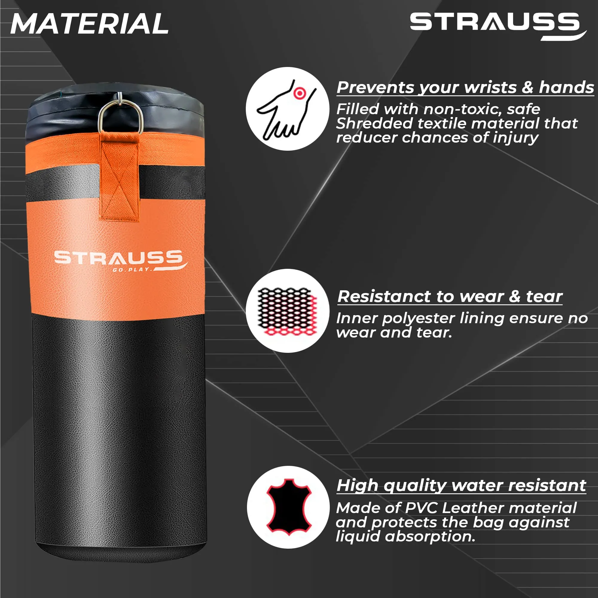 Strauss Canvas Heavy Duty Filled Gym Punching Bag|Hanging S Hook, Zippered Top Head Closure,Heavy Straps |Ideal for Boxing, MMA |Boxing Bag for Home Gym & Fitness Training|2 Feet,(Black/Orange)