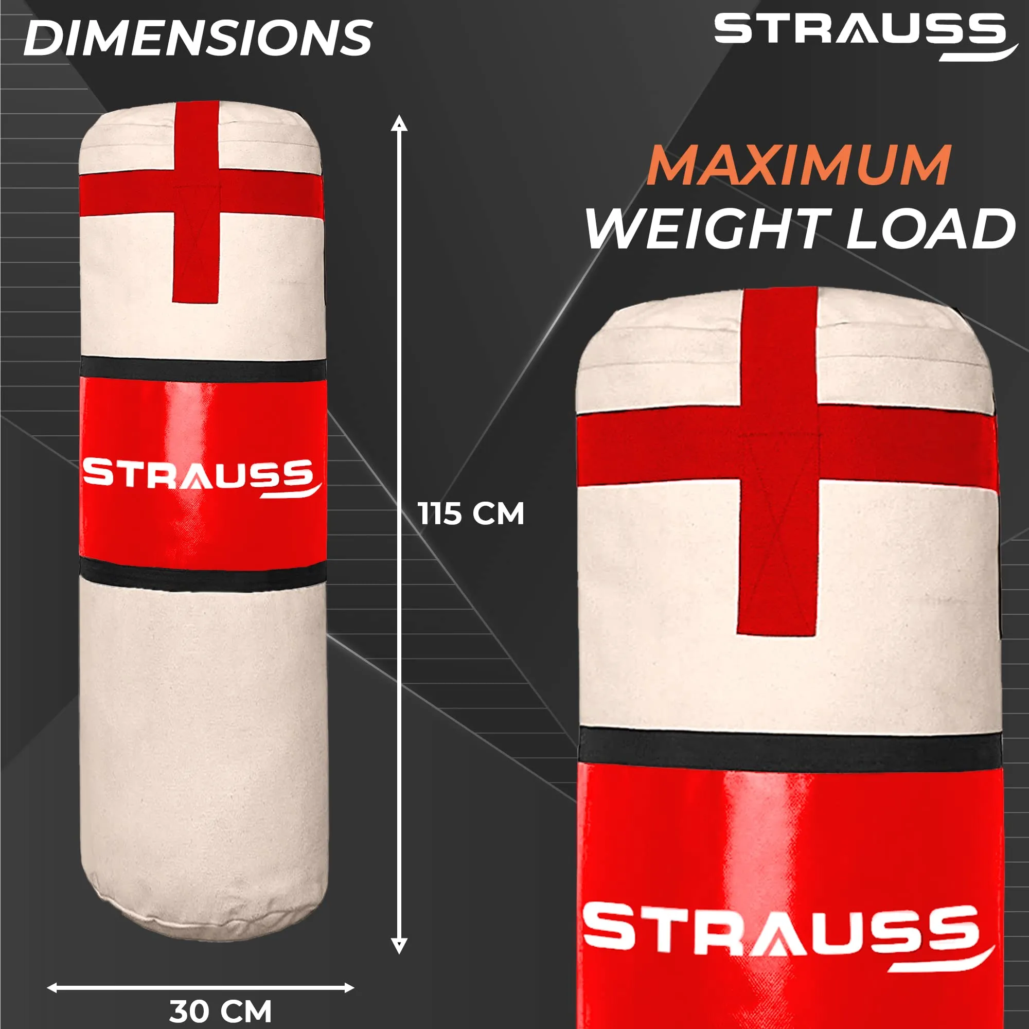 Strauss Canvas Heavy Duty Filled Gym Punching Bag|Hanging S Hook, Zippered Top Head Closure,Heavy Straps |Ideal for Boxing, MMA, Muay Thai|Boxing Bag for Home Gym & Fitness Training|4 Feet,(Cream/Red)