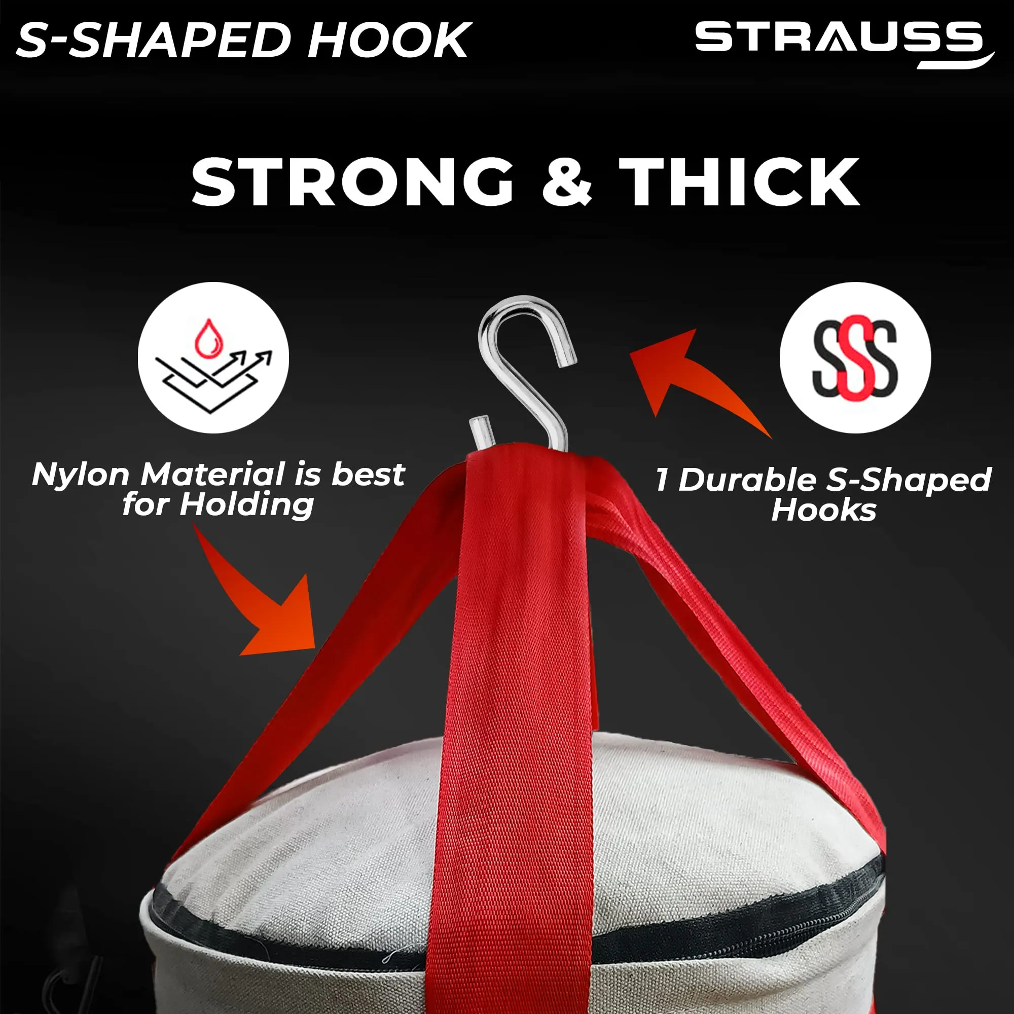 Strauss Canvas Heavy Duty Filled Gym Punching Bag|Hanging S Hook, Zippered Top Head Closure,Heavy Straps |Ideal for Boxing, MMA, Muay Thai|Boxing Bag for Home Gym & Fitness Training|4 Feet,(Cream/Red)