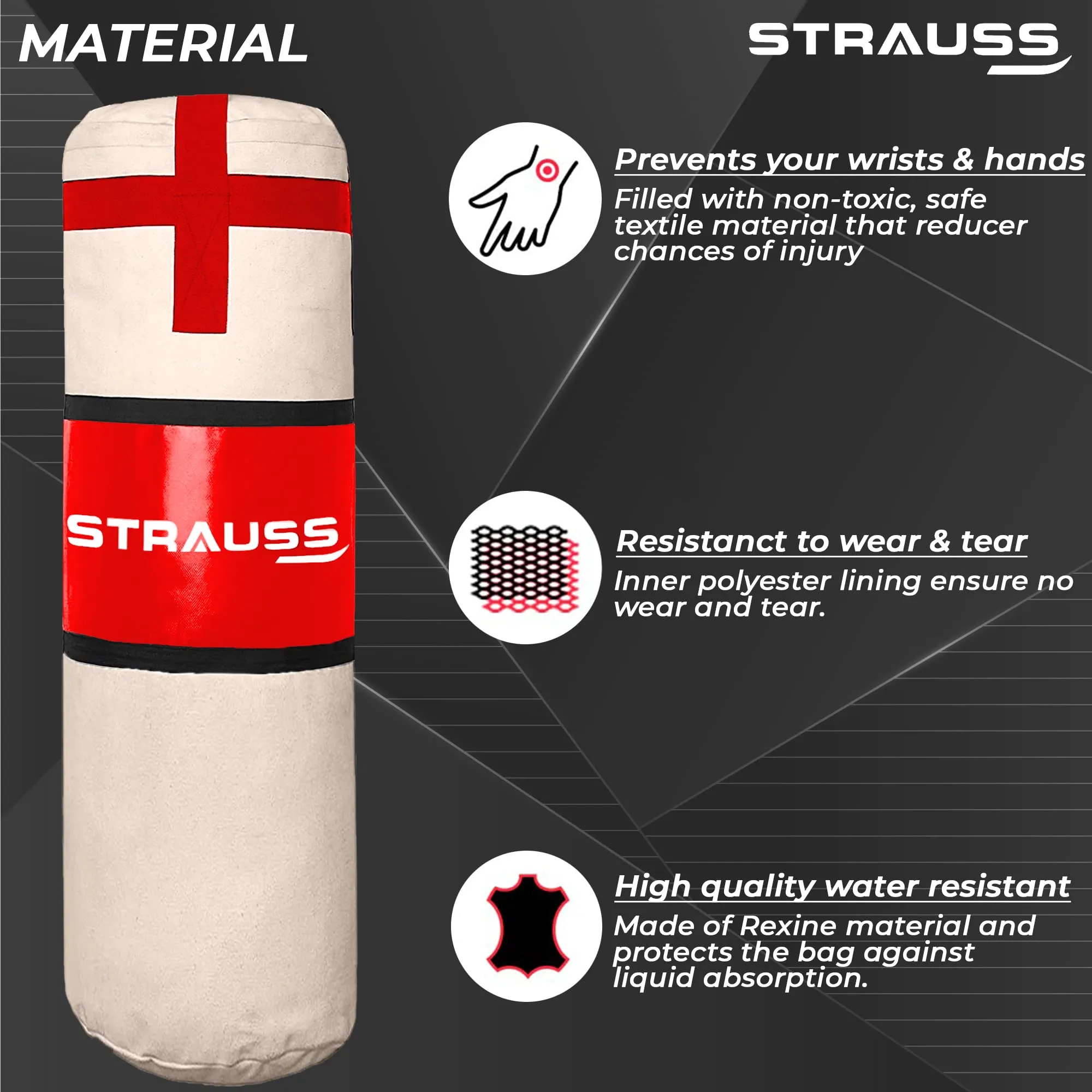 Strauss Canvas Heavy Duty Filled Gym Punching Bag|Hanging S Hook, Zippered Top Head Closure,Heavy Straps |Ideal for Boxing, MMA, Muay Thai|Boxing Bag for Home Gym & Fitness Training|4 Feet,(Cream/Red)