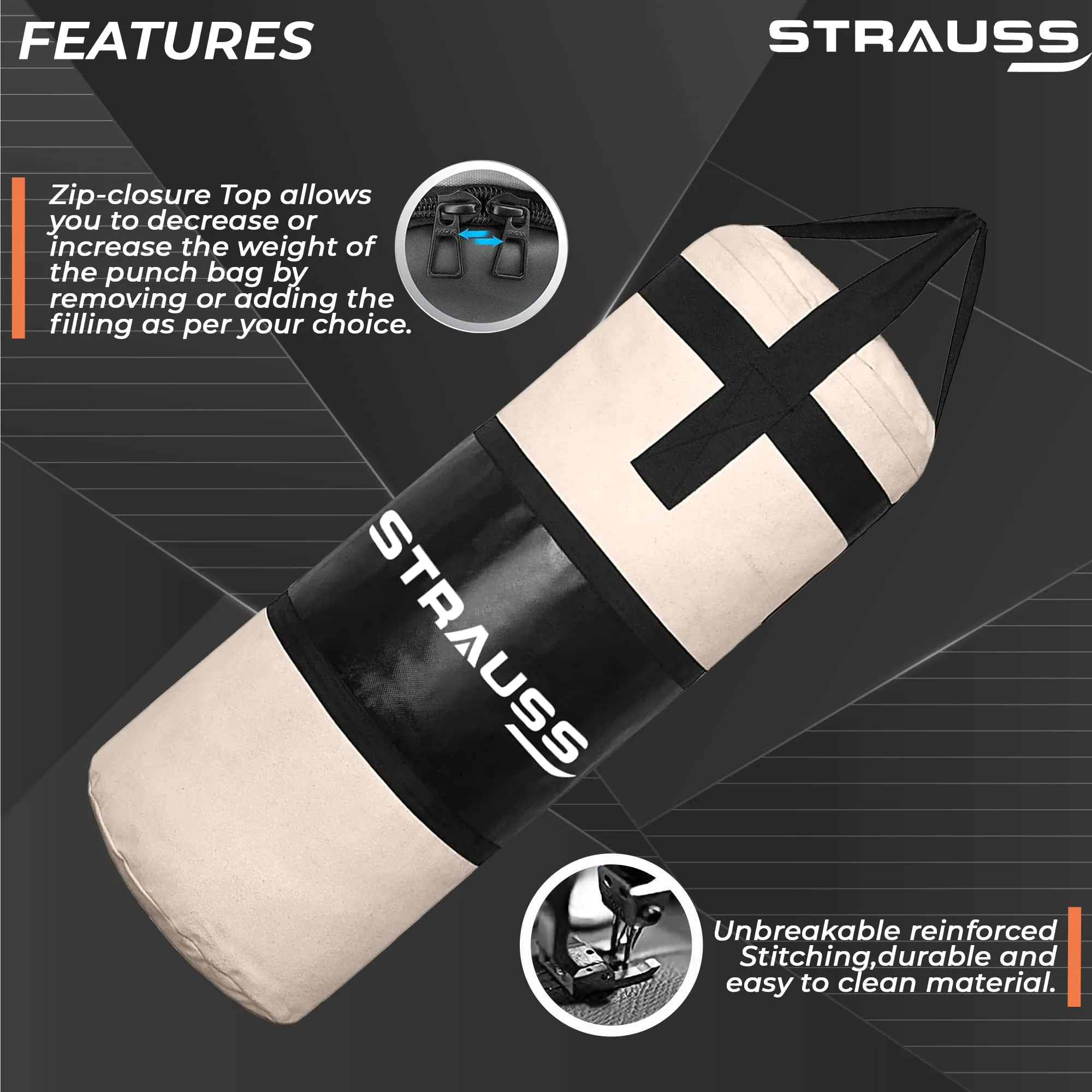 Strauss Canvas Heavy Duty Filled Gym Punching Bag|Hanging S Hook, Zippered Top Head Closure,Heavy Straps |Ideal for Boxing, MMA|Boxing Bag for Home Gym & Fitness Training|2.5 Feet,(Cream/Black)