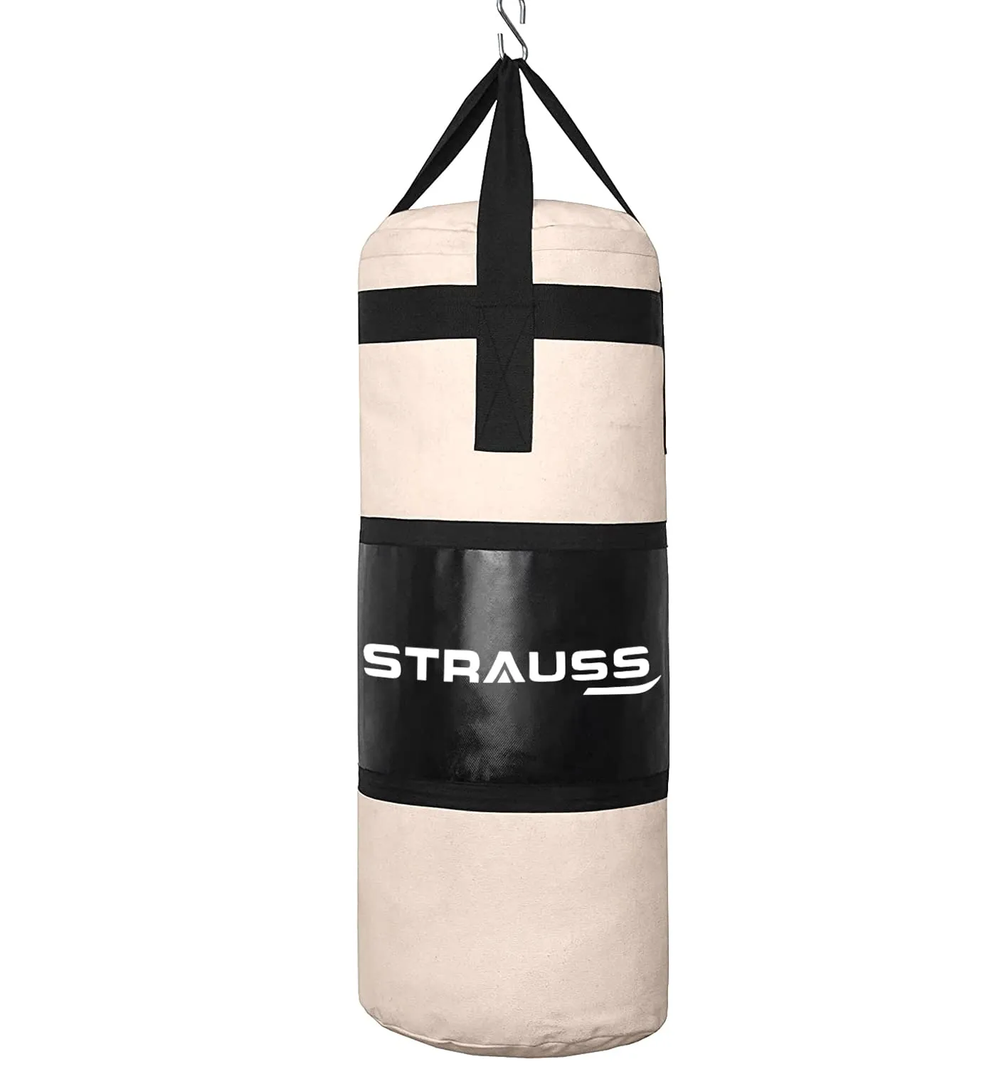 Strauss Canvas Heavy Duty Filled Gym Punching Bag|Hanging S Hook, Zippered Top Head Closure,Heavy Straps |Ideal for Boxing, MMA|Boxing Bag for Home Gym & Fitness Training|2.5 Feet,(Cream/Black)