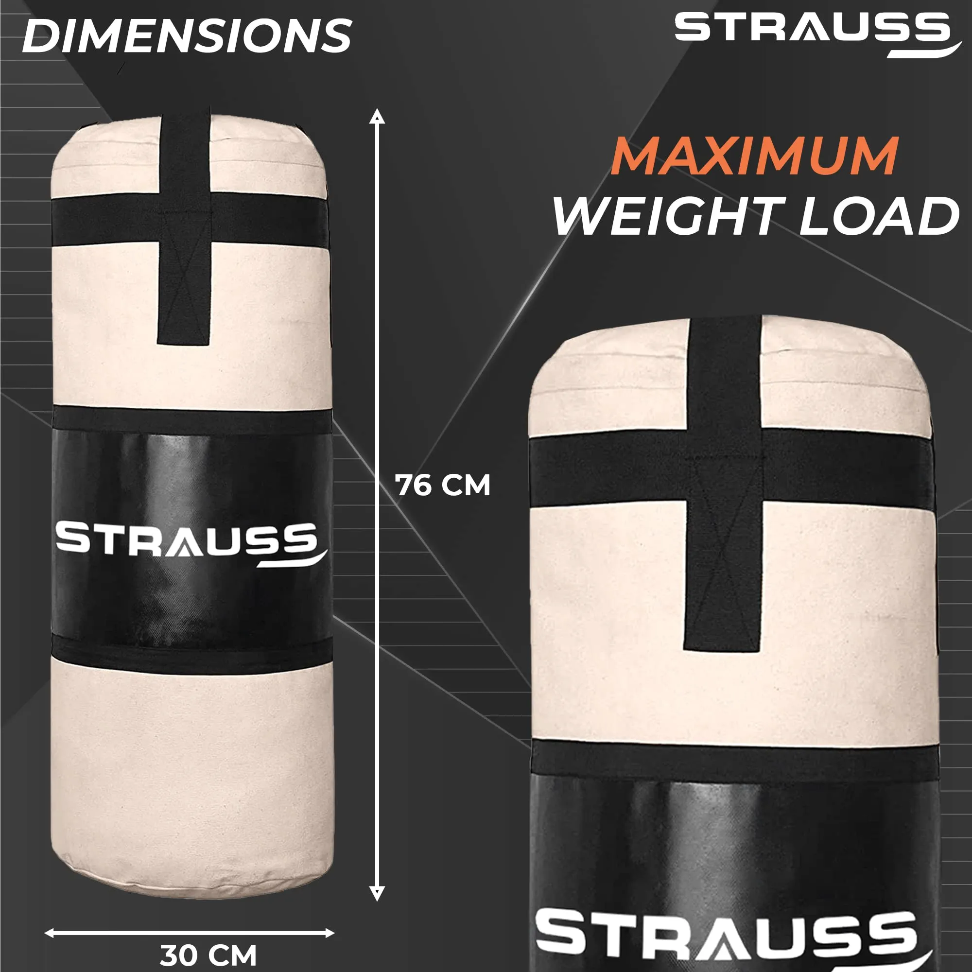 Strauss Canvas Heavy Duty Filled Gym Punching Bag|Hanging S Hook, Zippered Top Head Closure,Heavy Straps |Ideal for Boxing, MMA|Boxing Bag for Home Gym & Fitness Training|2.5 Feet,(Cream/Black)