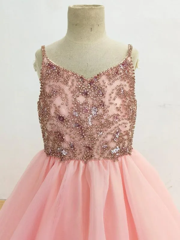 Stunning Beaded Bodice Glitz Little Girls Pink Pageant Dress