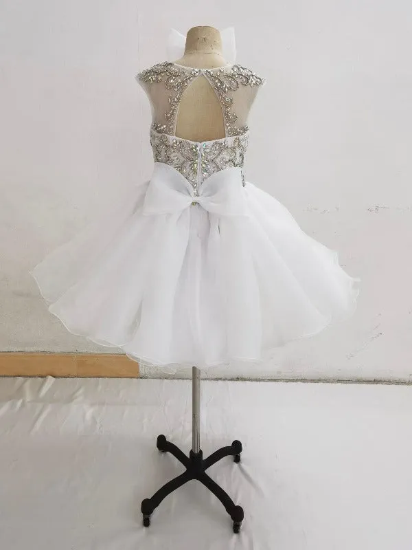 Stylish Cap Sleeve Little Girl Short White Sparkly Gowns