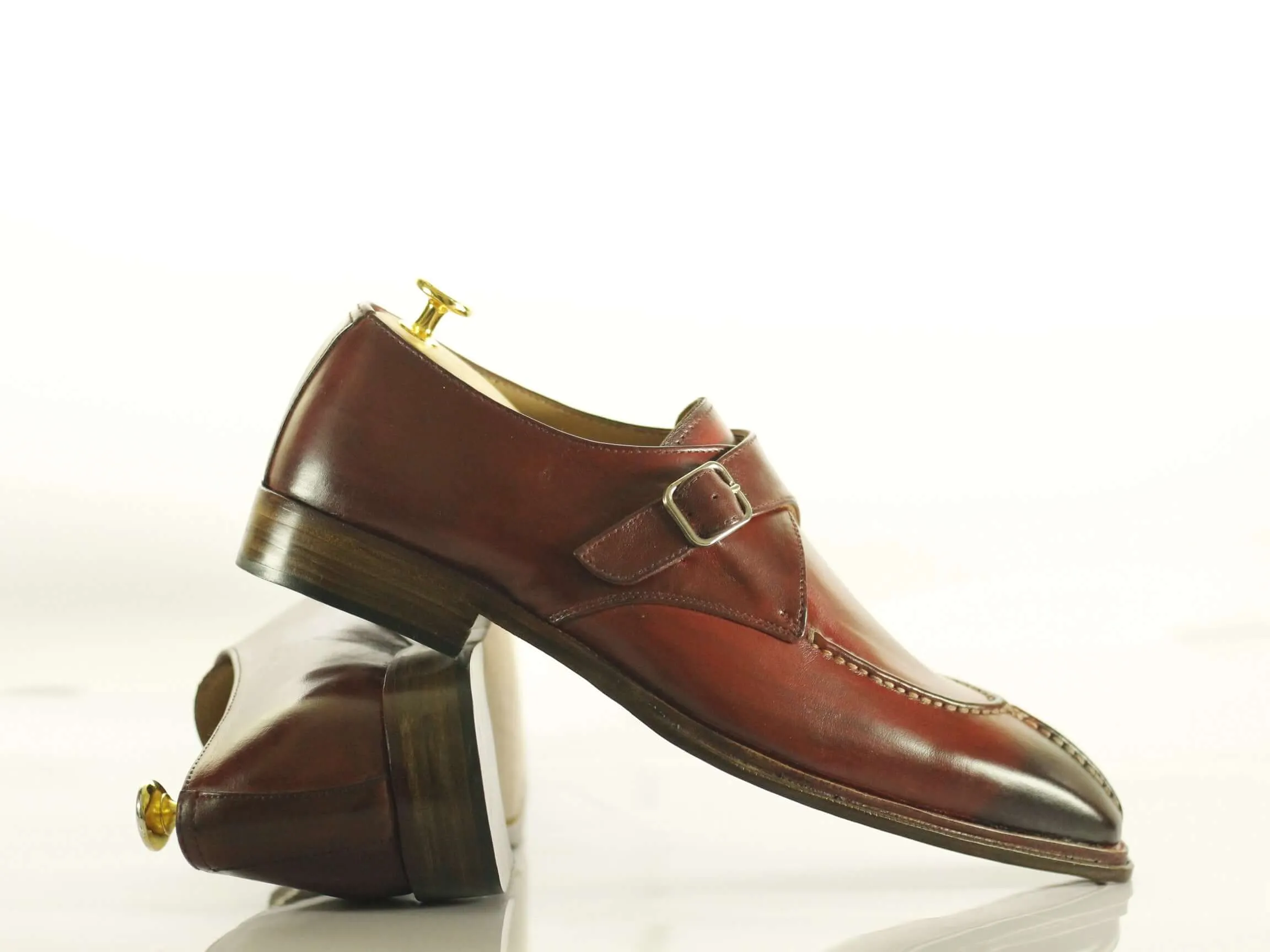 Two Tone Burgundy Split Toe Monk Strap Shoes,Men's Fashion Shoes