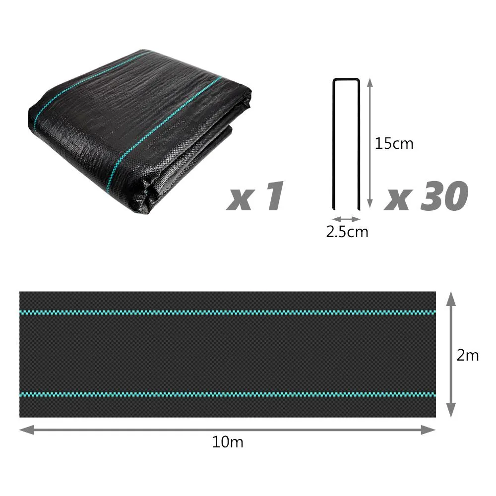 VOUNOT 2x10m Weed Control Fabric with 30 Pegs, Heavy Duty Landscape Ground Cover Membrane, Black