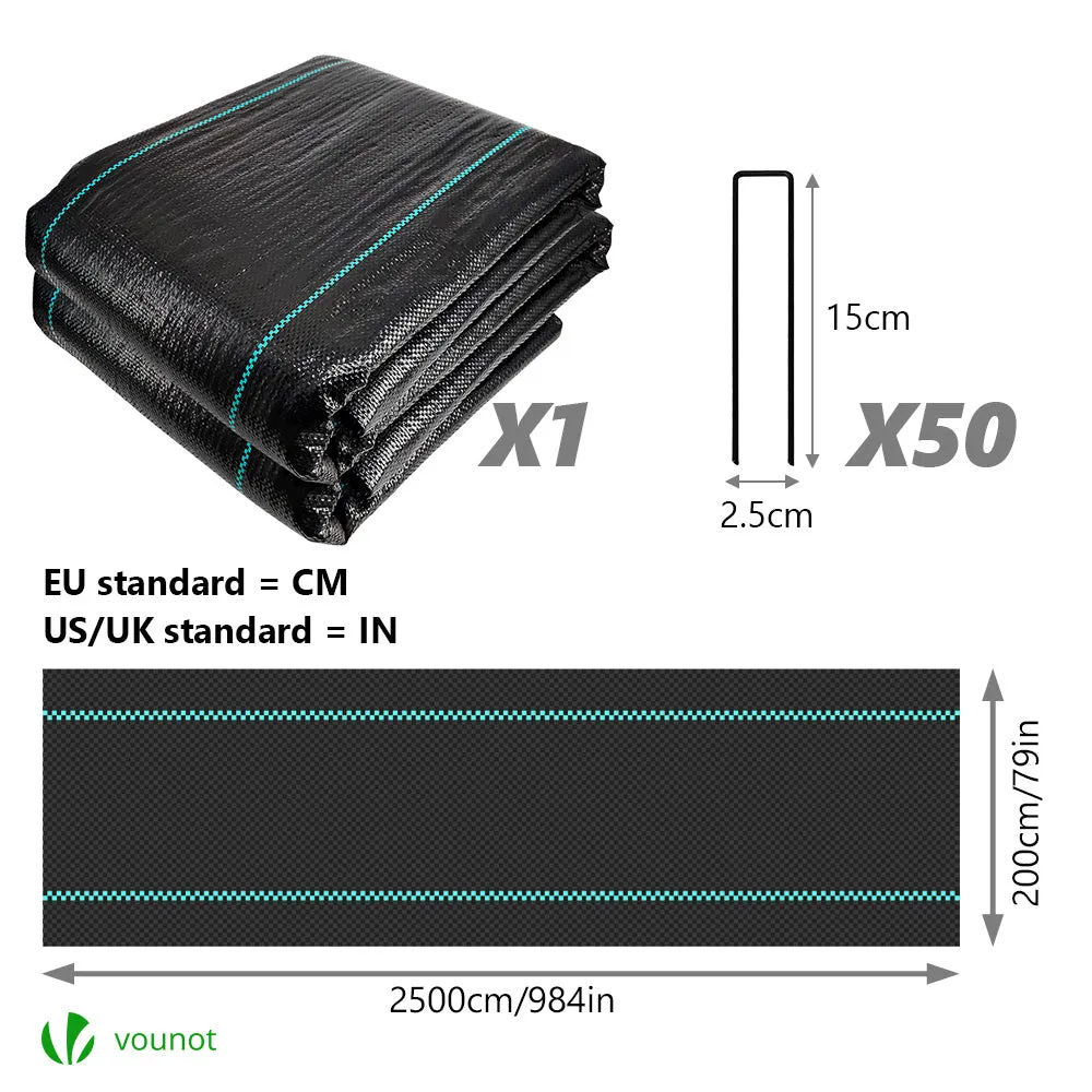 VOUNOT 2x25m Weed Control Fabric with 50 Pegs, Heavy Duty Landscape Ground Cover Membrane, Black