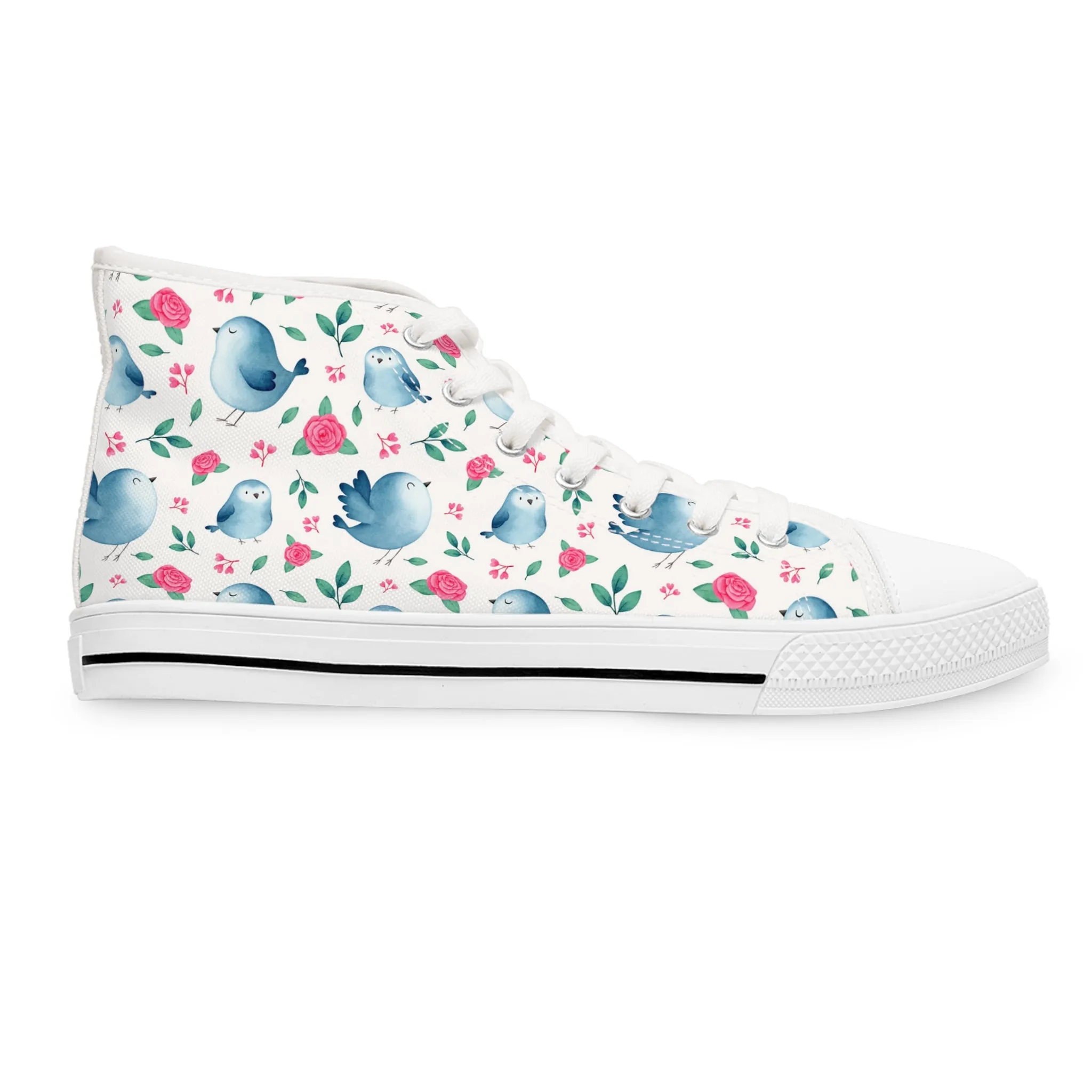 Watercolor Blue Bird and Rose Women's High Top Sneakers