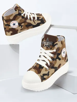 Women Beige High Ankle Top Wedge Heels Camouflage Print Canvas Lace Up Sneakers Shoes