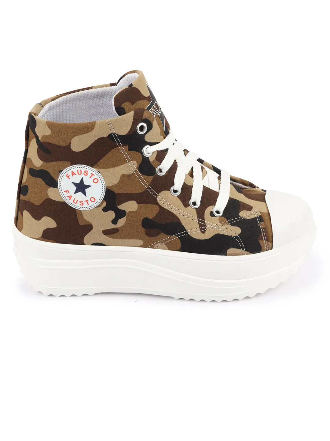 Women Beige High Ankle Top Wedge Heels Camouflage Print Canvas Lace Up Sneakers Shoes