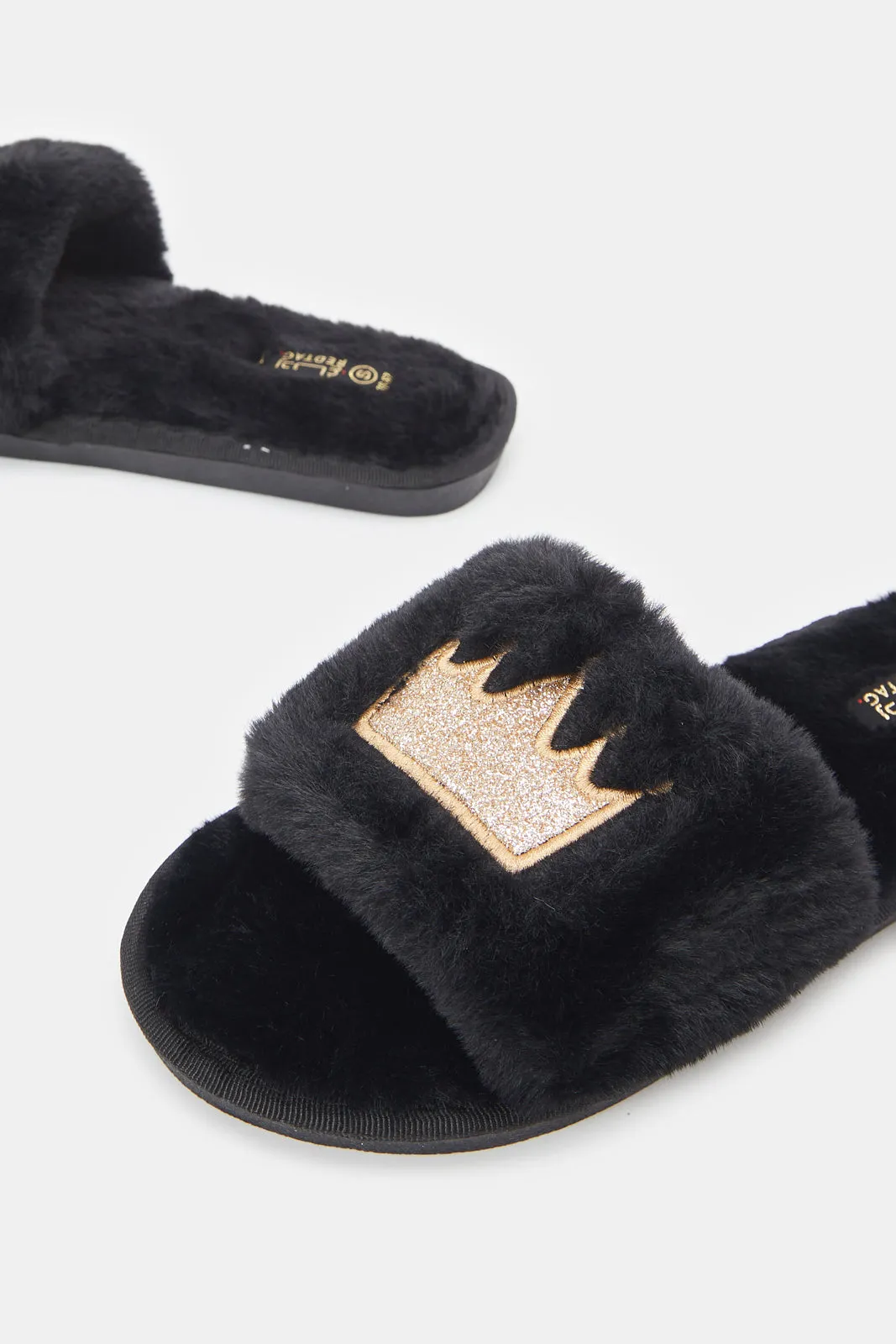 Women Black Crown Embroidered Slipper