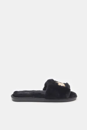 Women Black Crown Embroidered Slipper