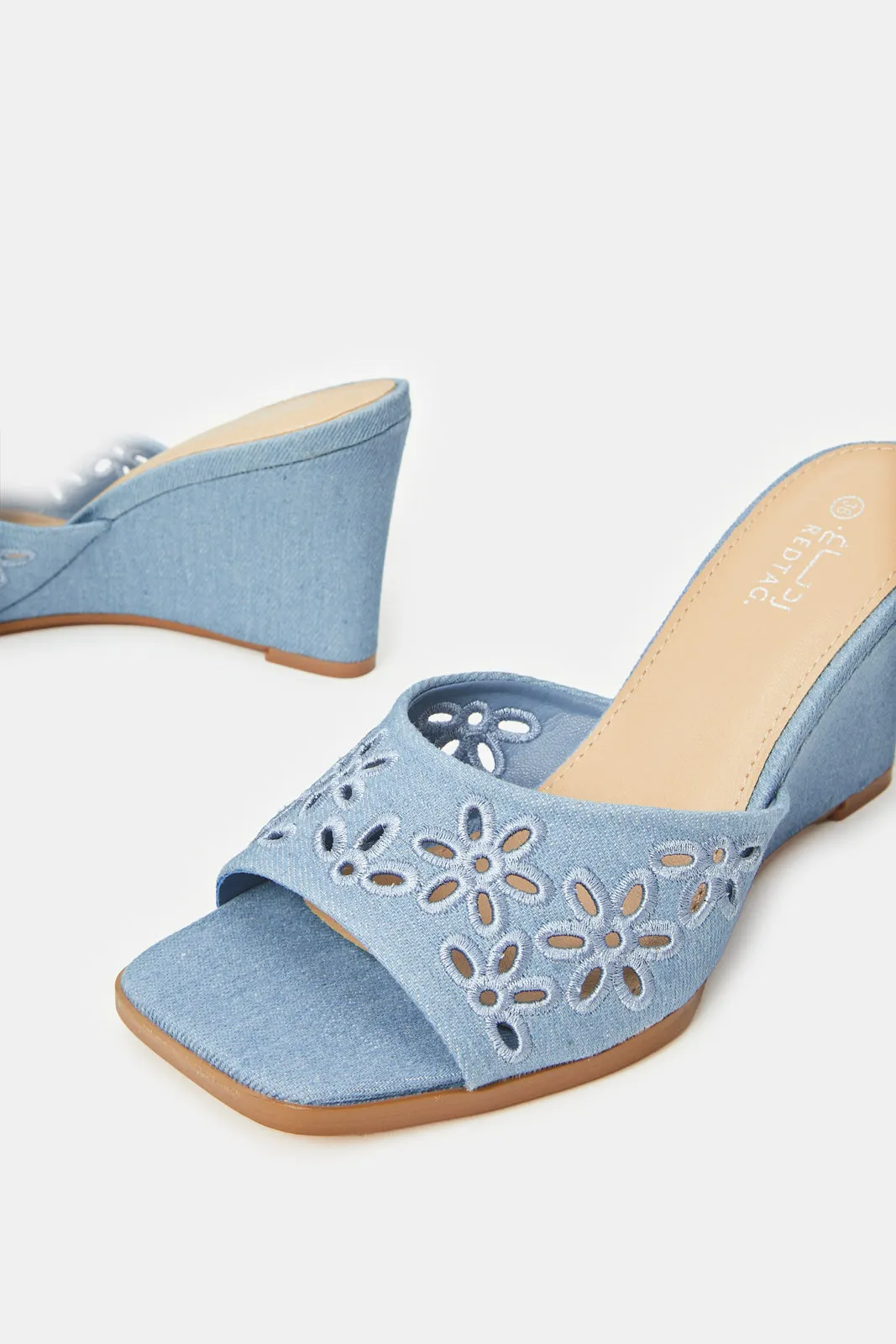 Women Blue Denim Cutout Wedge