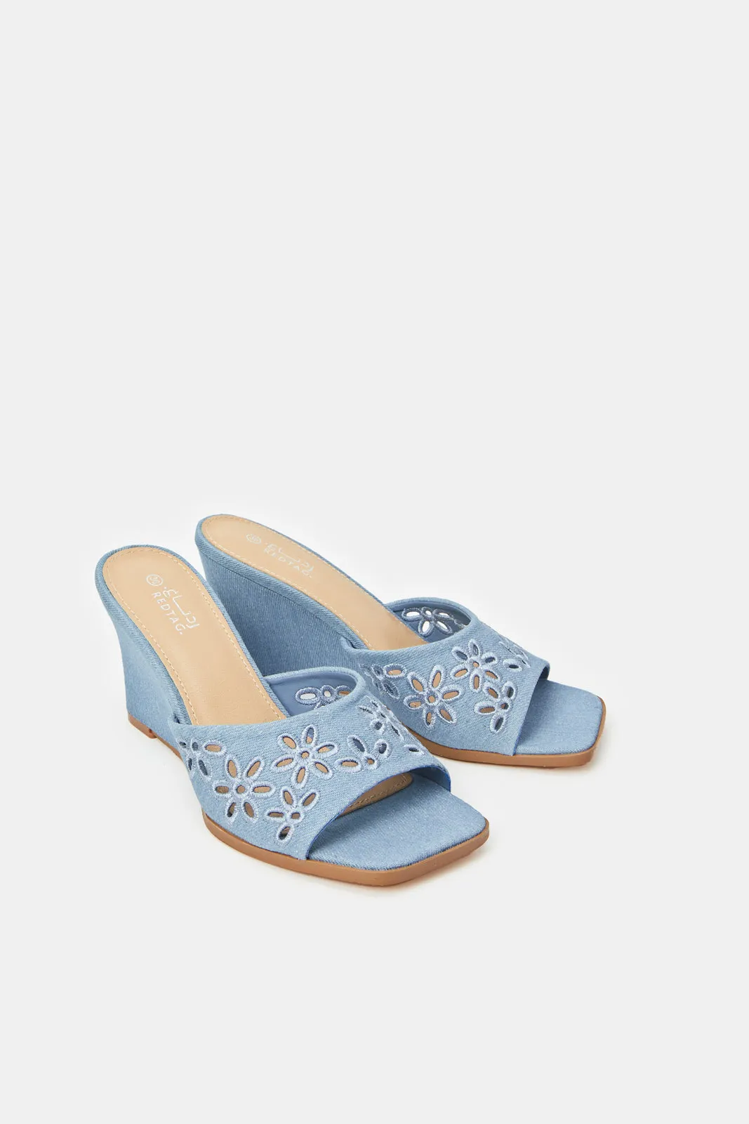 Women Blue Denim Cutout Wedge