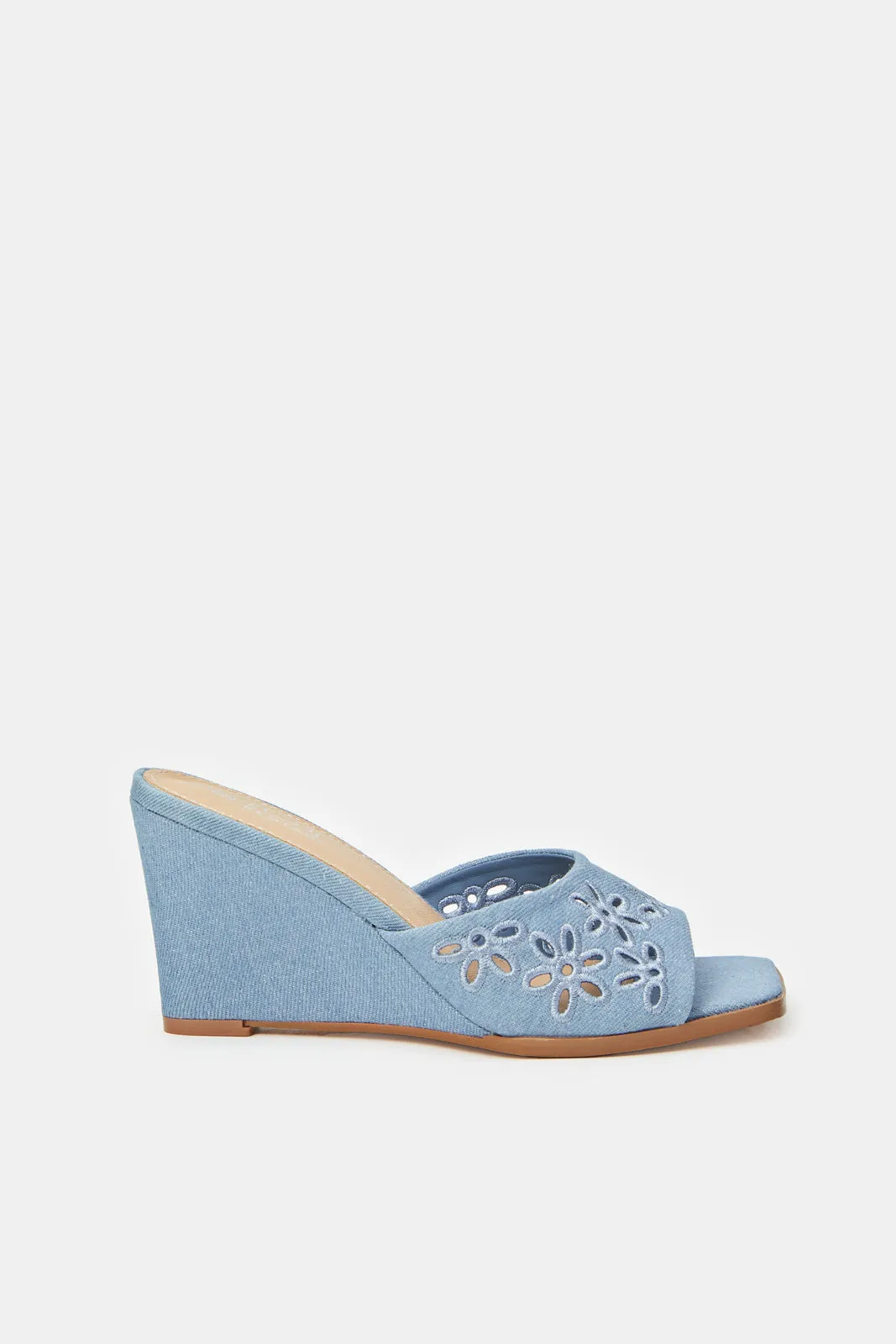 Women Blue Denim Cutout Wedge