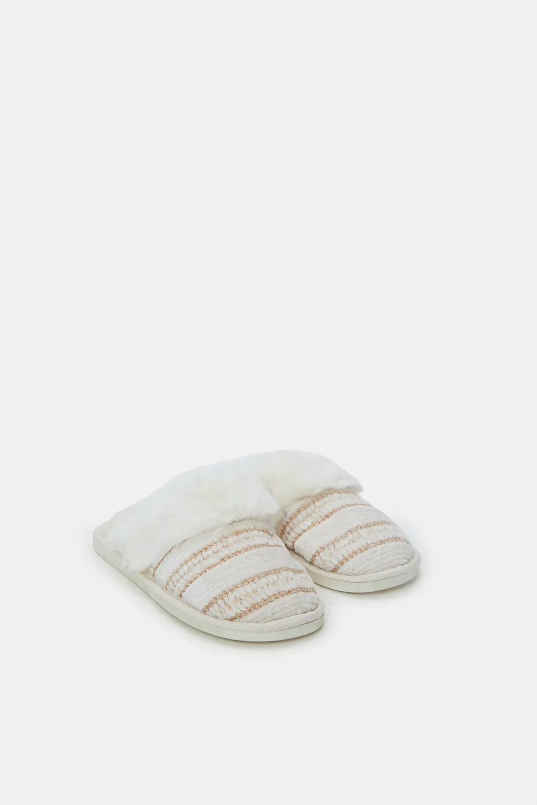 Women Ivory Chenille Fur Trim Slipper