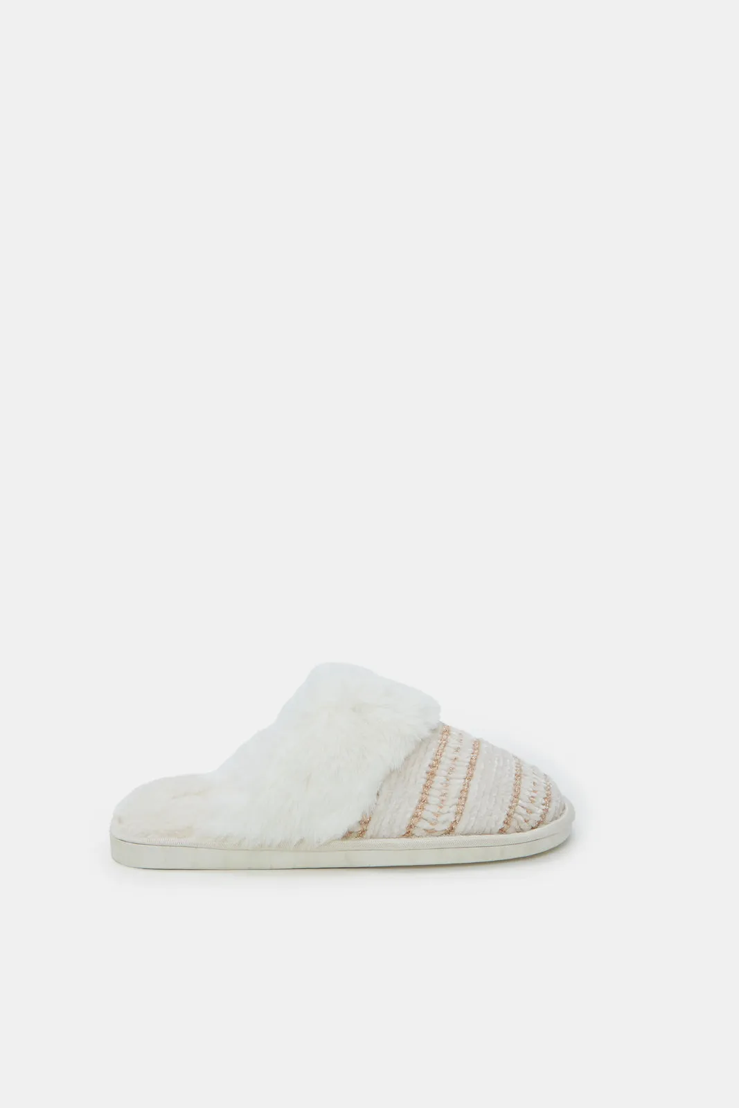 Women Ivory Chenille Fur Trim Slipper