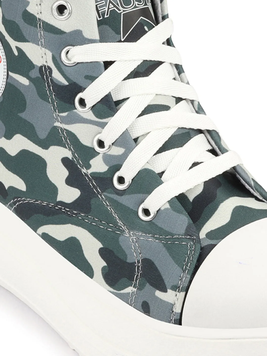 Women Military High Ankle Top Wedge Heels Camouflage Print Canvas Lace Up Sneakers Shoes