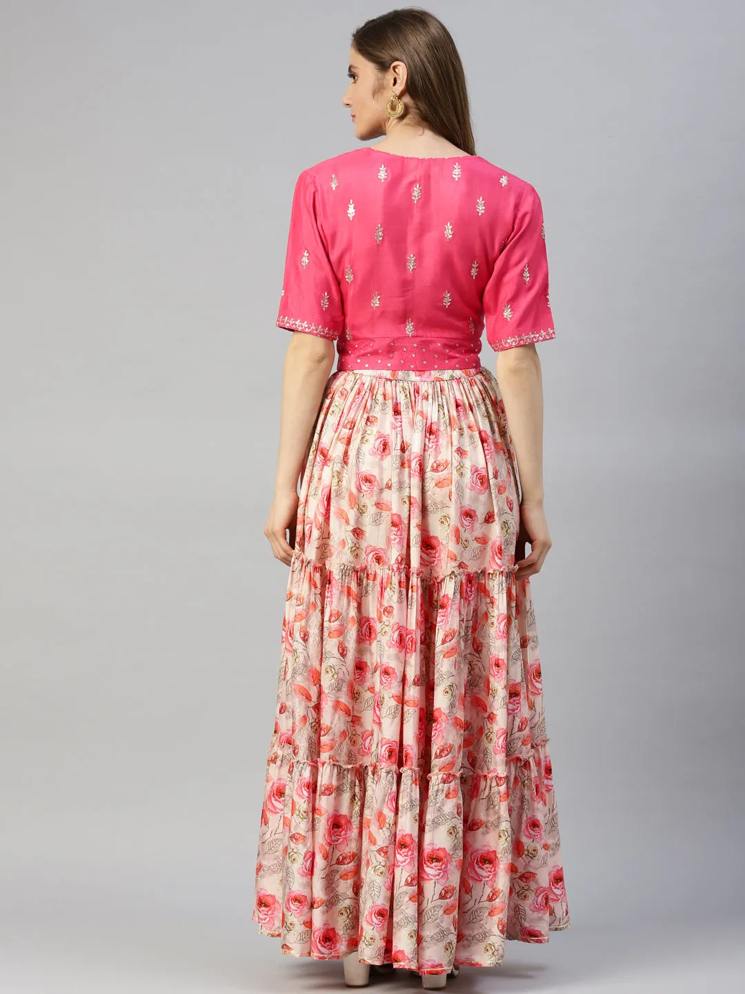 Women Pink Raw Silk Top With Skirt Set