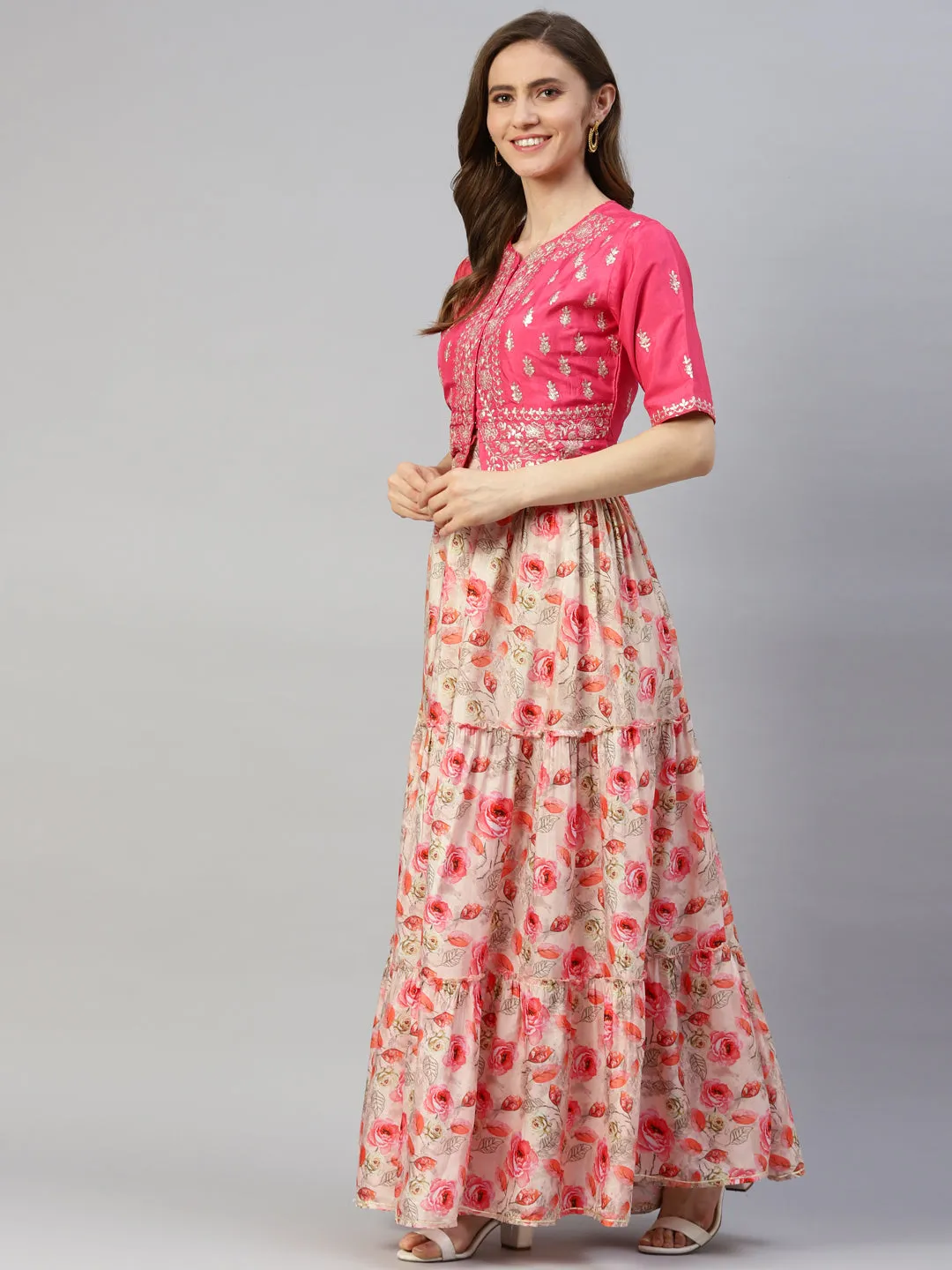 Women Pink Raw Silk Top With Skirt Set