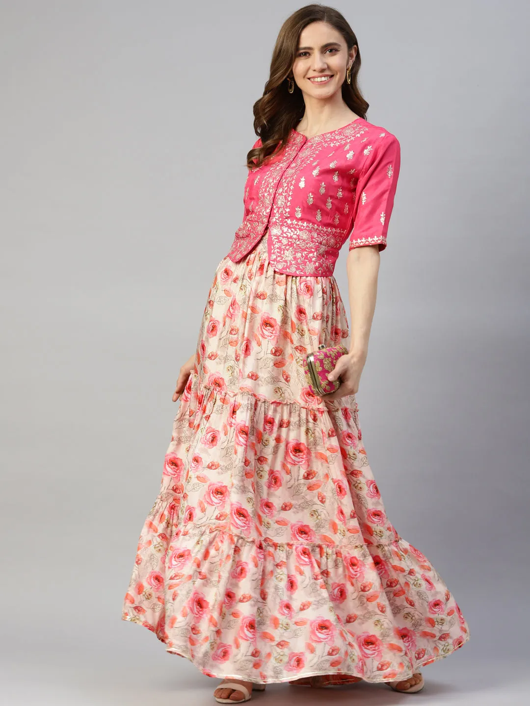 Women Pink Raw Silk Top With Skirt Set