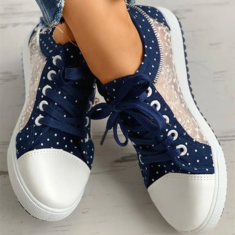 Women's blue floral lace hollow canvas shoes flat front lace casual shoes