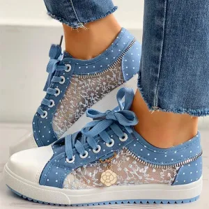 Women's blue floral lace hollow canvas shoes flat front lace casual shoes