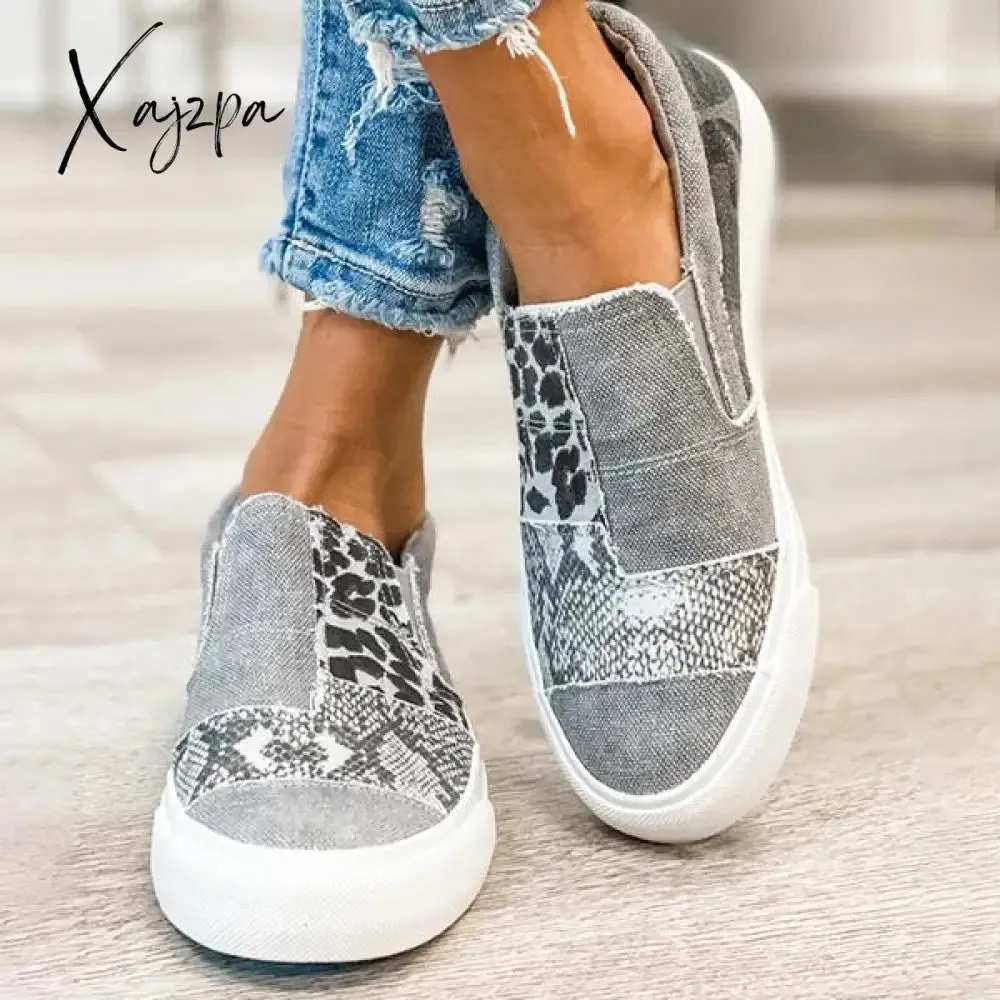 Xajzpa - Women Vintage Sneakers Casual Loafers Pieced Raw Edge Animal Print Canvas Slip-On Flats