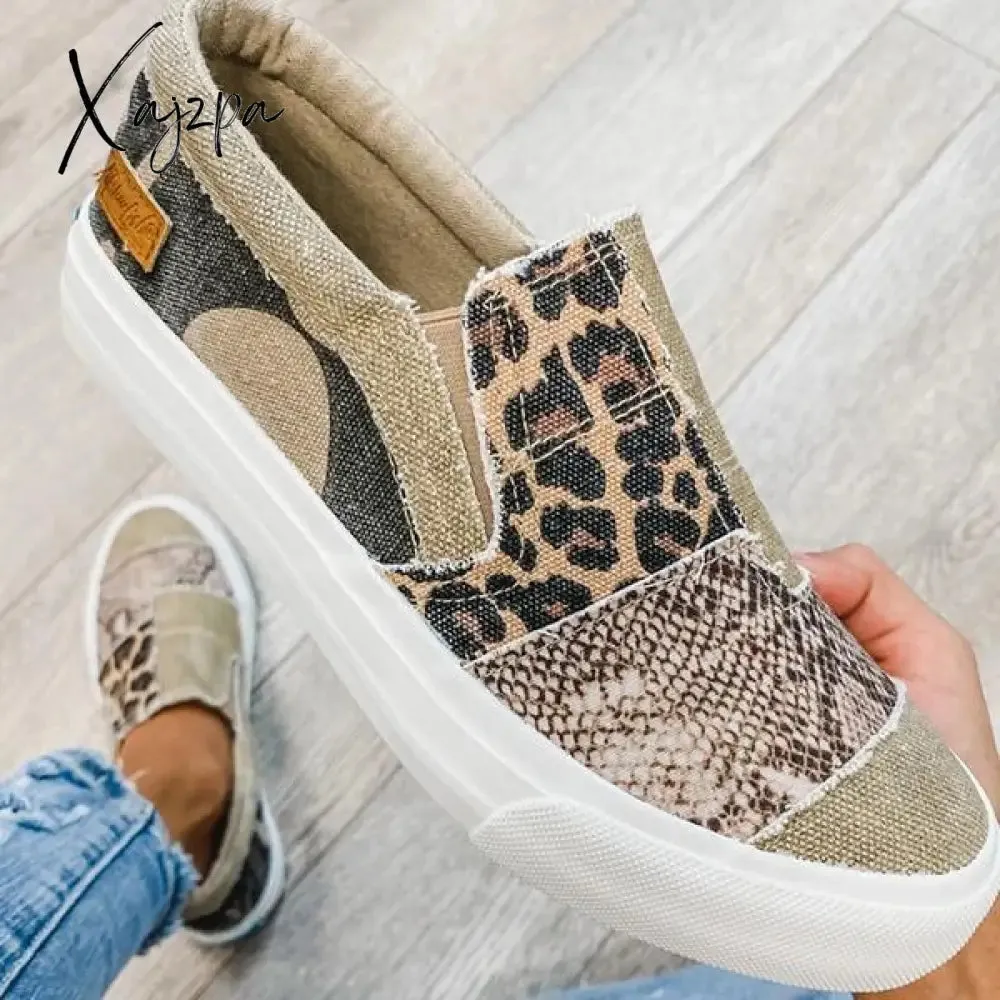 Xajzpa - Women Vintage Sneakers Casual Loafers Pieced Raw Edge Animal Print Canvas Slip-On Flats