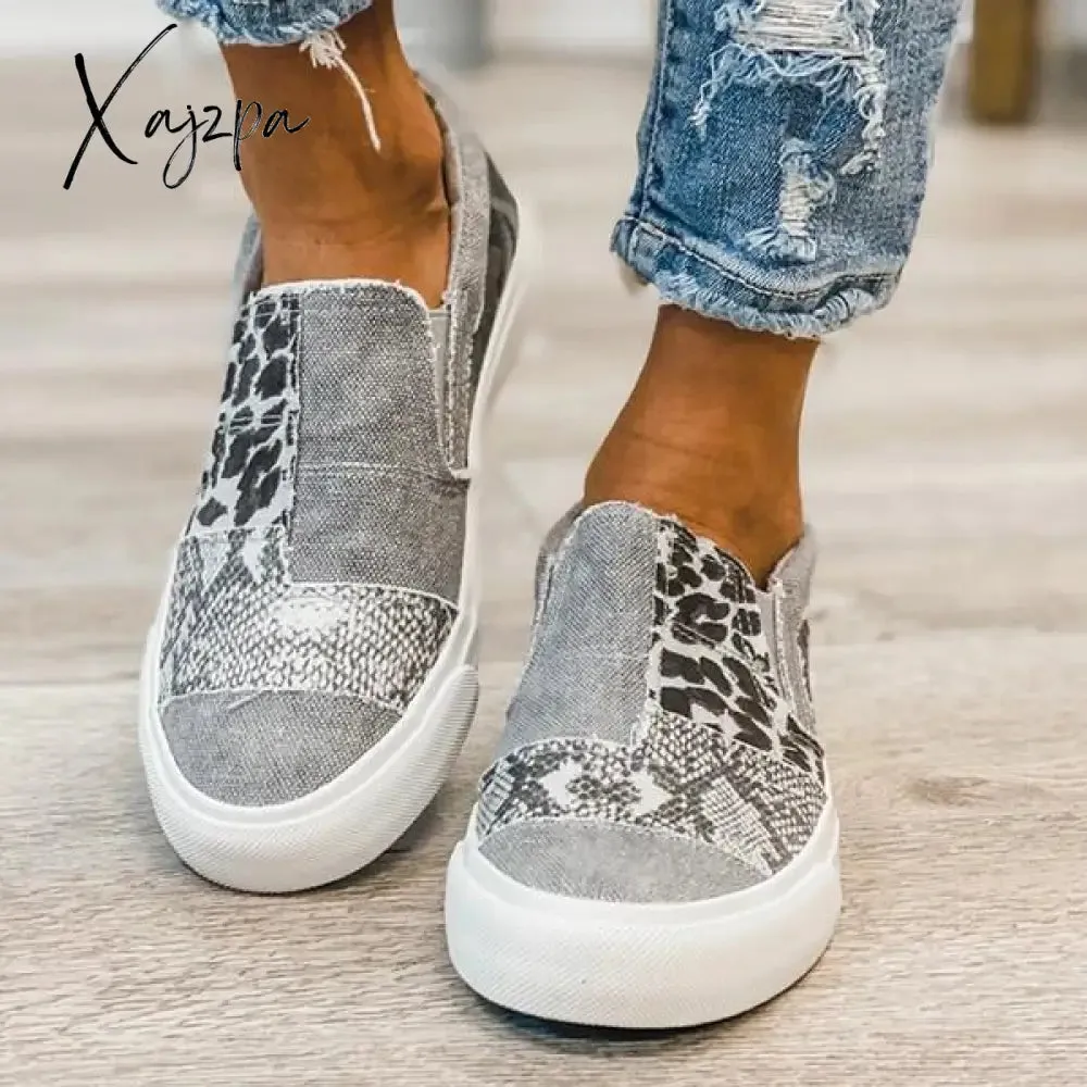 Xajzpa - Women Vintage Sneakers Casual Loafers Pieced Raw Edge Animal Print Canvas Slip-On Flats