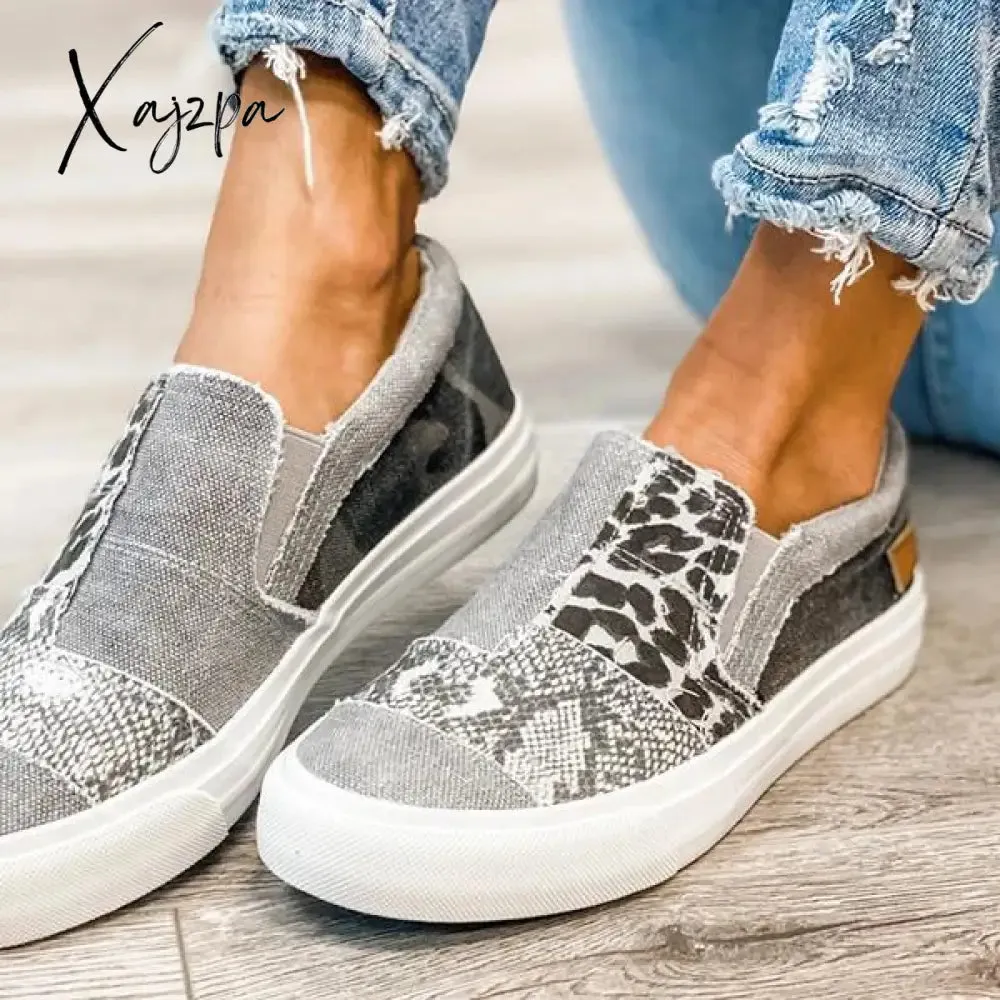 Xajzpa - Women Vintage Sneakers Casual Loafers Pieced Raw Edge Animal Print Canvas Slip-On Flats