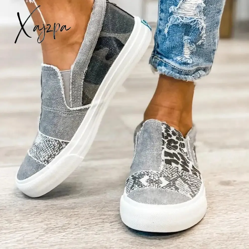 Xajzpa - Women Vintage Sneakers Casual Loafers Pieced Raw Edge Animal Print Canvas Slip-On Flats