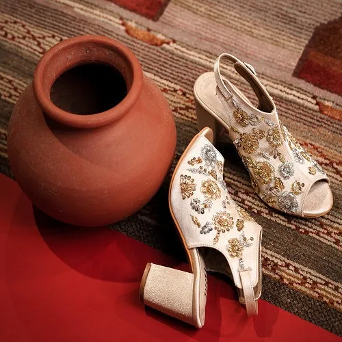 Zahara (hand embroidered, Gold blocks heels)